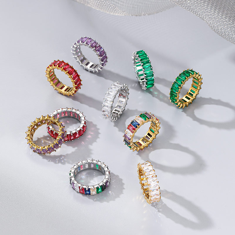 Multicolor Baguette CZ Eternity Band Ring in Stainless Steel with PVD 14K Gold