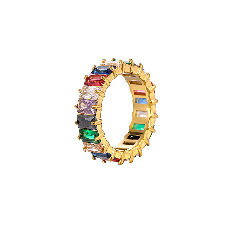 Multicolor Baguette CZ Eternity Band Ring in Stainless Steel with PVD 14K Gold