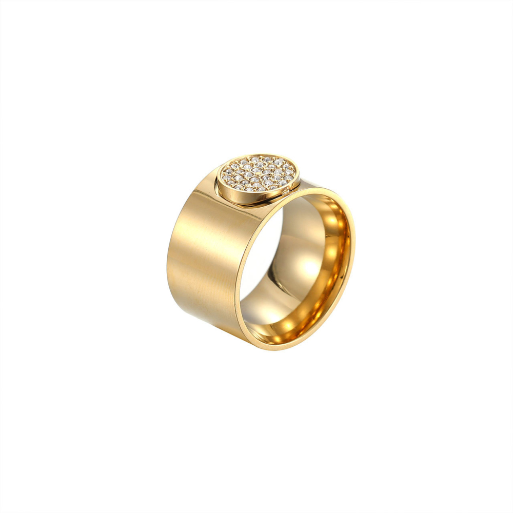 Pave CZ Signet Ring in PVD Stainless Steel with Brushed 14K Gold
