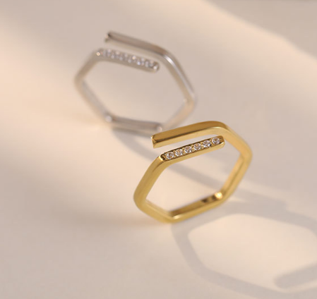 Geometric Hexagon Adjustable Ring with Pave CZ in PVD 14K Gold Stainless Steel