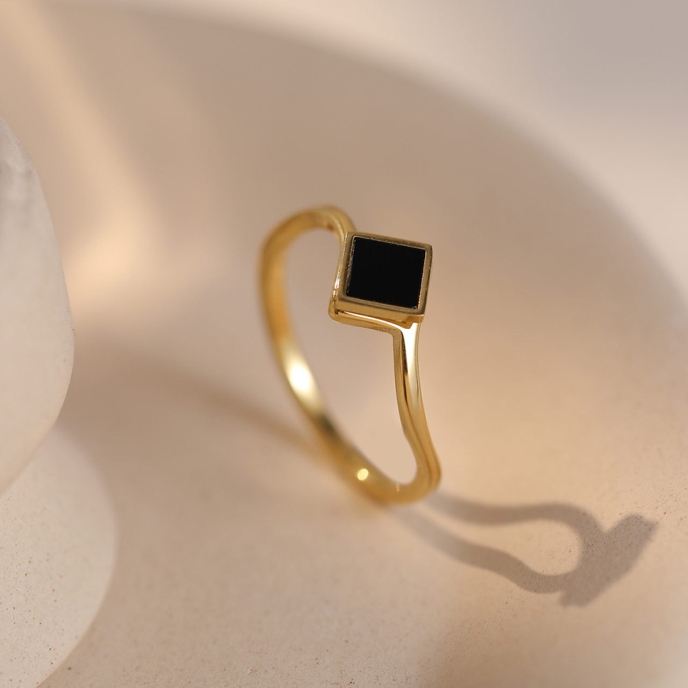 Black Stone Crossover Ring in Stainless Steel with PVD 14K Gold