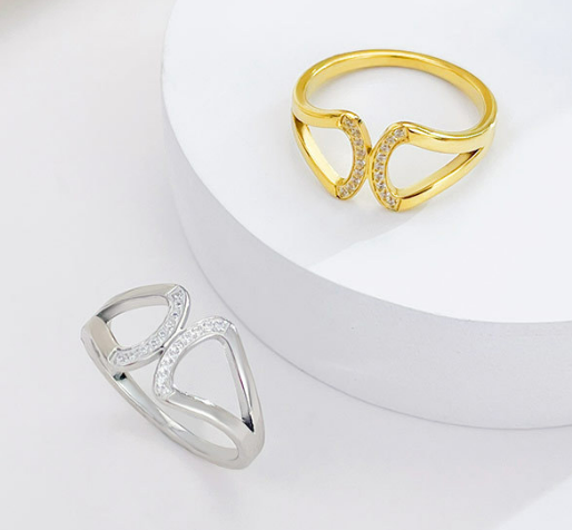 Pave CZ Double Loop Ring in Stainless Steel with PVD 14K Gold