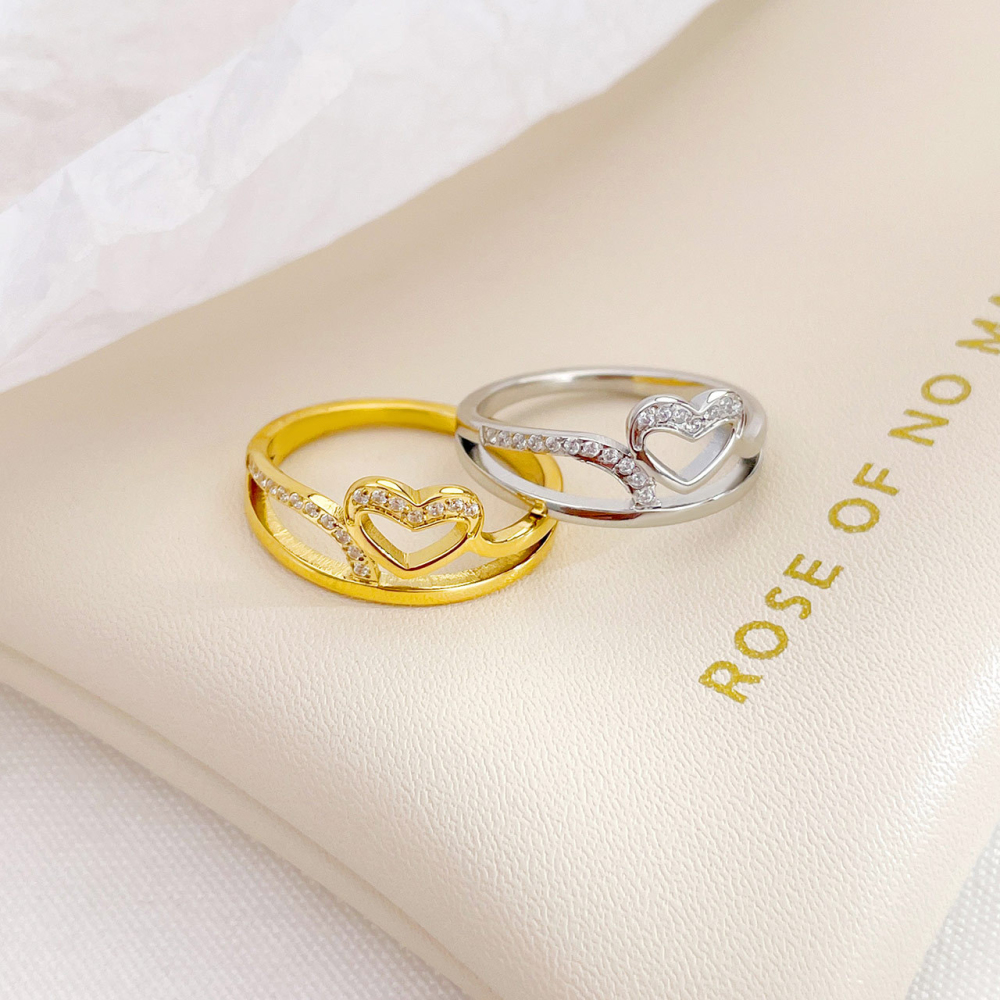 Romantic Open Heart Ring with Pave CZ Accents in PVD Stainless Steel 14K Gold