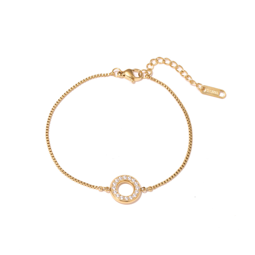Pave CZ Circle Charm Box Chain Bracelet in PVD Stainless Steel 14K Gold