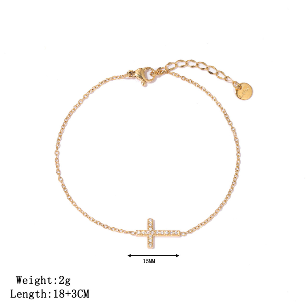 Pave CZ Cross Charm Chain Bracelet in PVD Stainless Steel 14K Gold