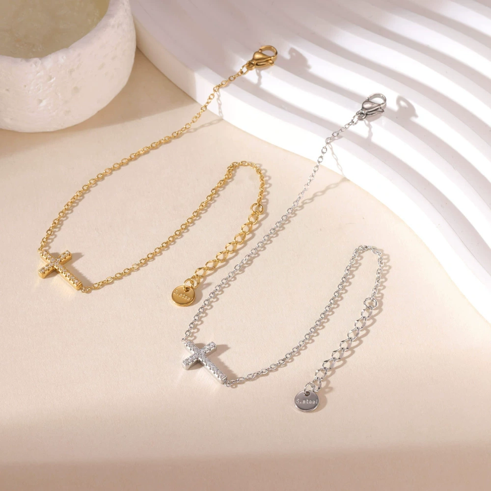 Pave CZ Cross Charm Chain Bracelet in PVD Stainless Steel 14K Gold