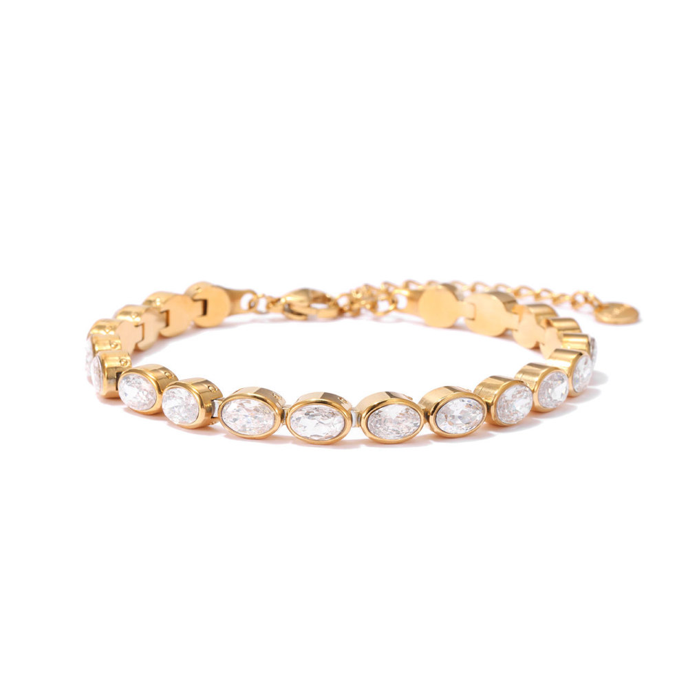 Bezel Set Oval CZ Tennis Bracelet in PVD Stainless Steel 14K Gold