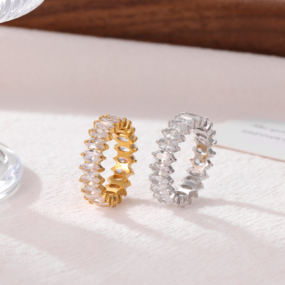 Marquise-Cut CZ Eternity Band with Zigzag Setting in PVD Stainless Steel 14K Gold