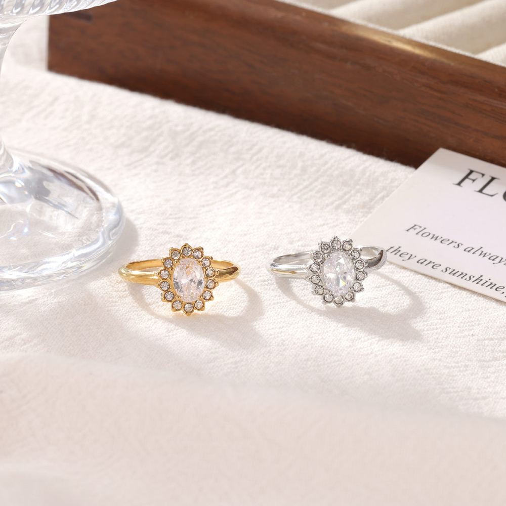 Showcasing Oval CZ Halo Ring in PVD Stainless Steel 14K Gold