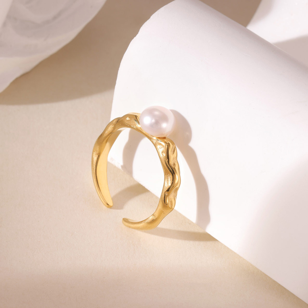 Featuring Shell Pearl and Organic Texture Ring in Stainless Steel 14K Gold