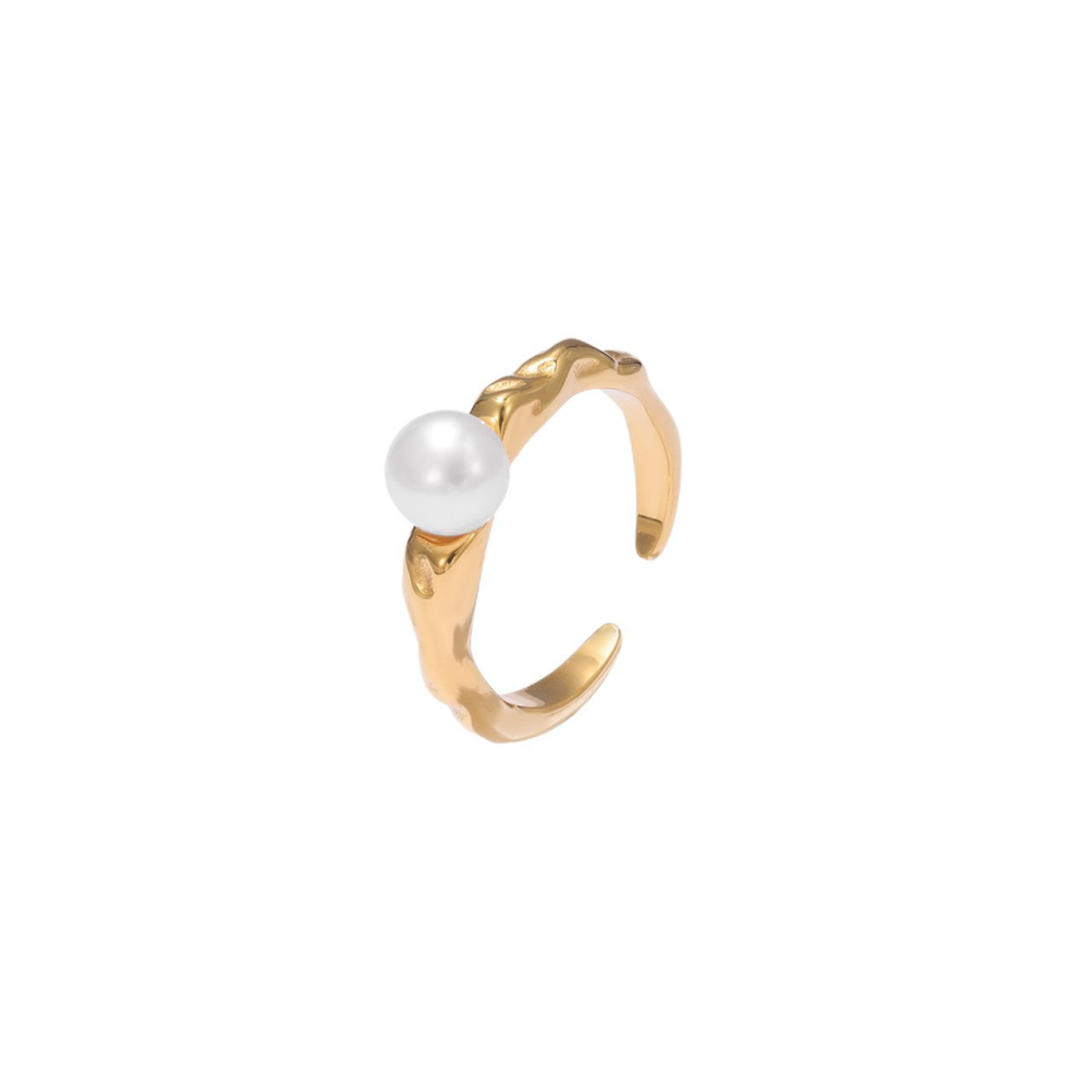 Featuring Shell Pearl and Organic Texture Ring in Stainless Steel 14K Gold