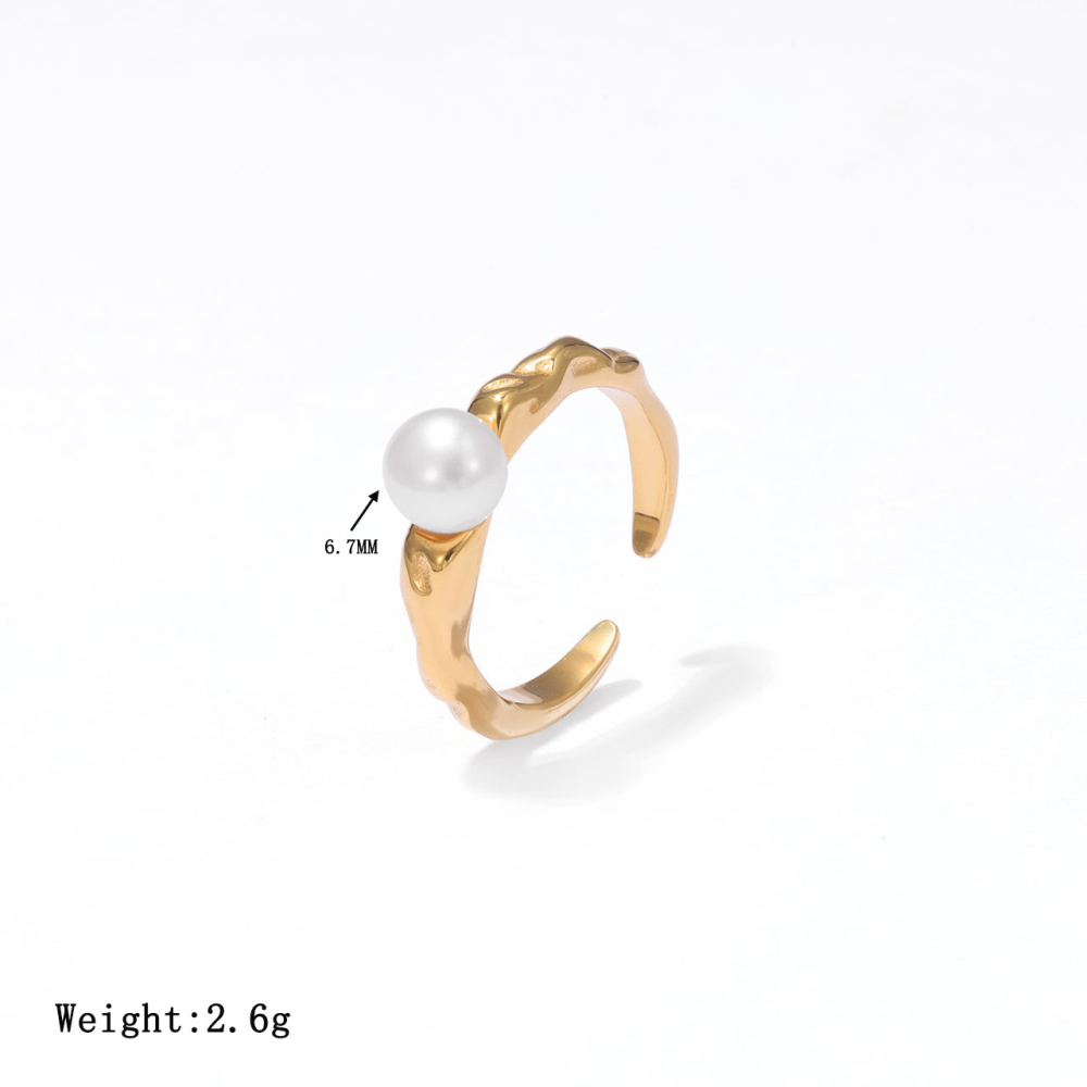 Featuring Shell Pearl and Organic Texture Ring in Stainless Steel 14K Gold