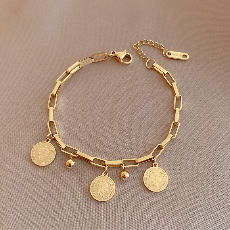 Vintage Coin Charm Paperclip Chain Bracelet in Stainless Steel 14K Gold