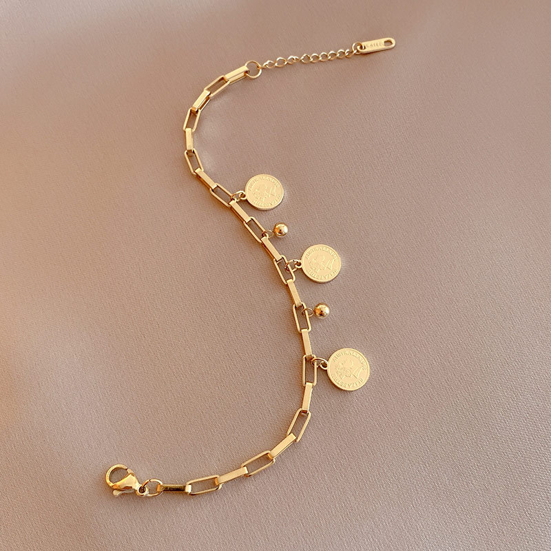 Vintage Coin Charm Paperclip Chain Bracelet in Stainless Steel 14K Gold