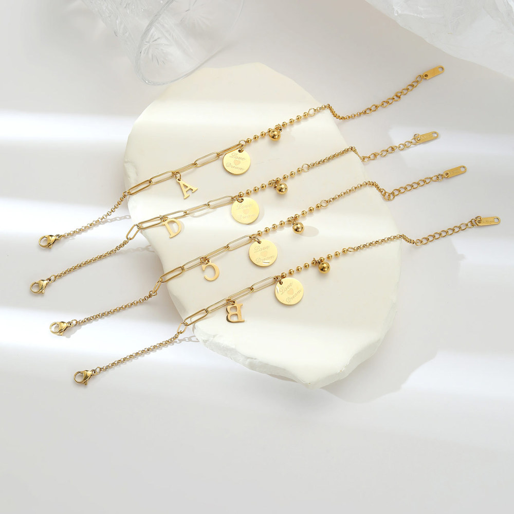 Personalized Letter Charm Paperclip Chain Bracelet in PVD Stainless Steel 14K Gold