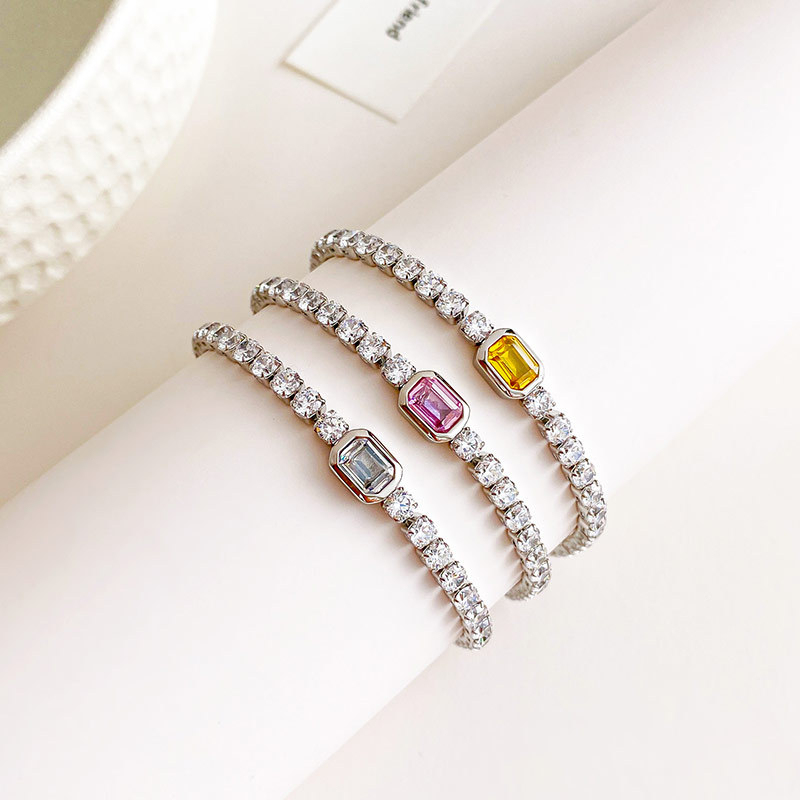 Colorful Center Stone Tennis Bracelet in PVD Stainless Steel with Pave CZ Links