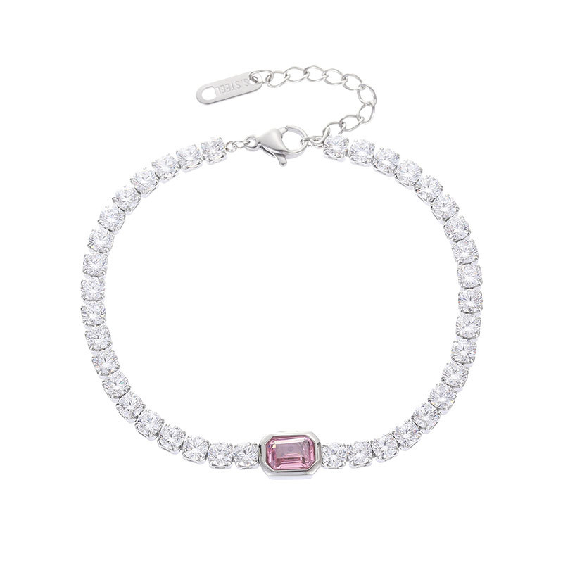 Colorful Center Stone Tennis Bracelet in PVD Stainless Steel with Pave CZ Links