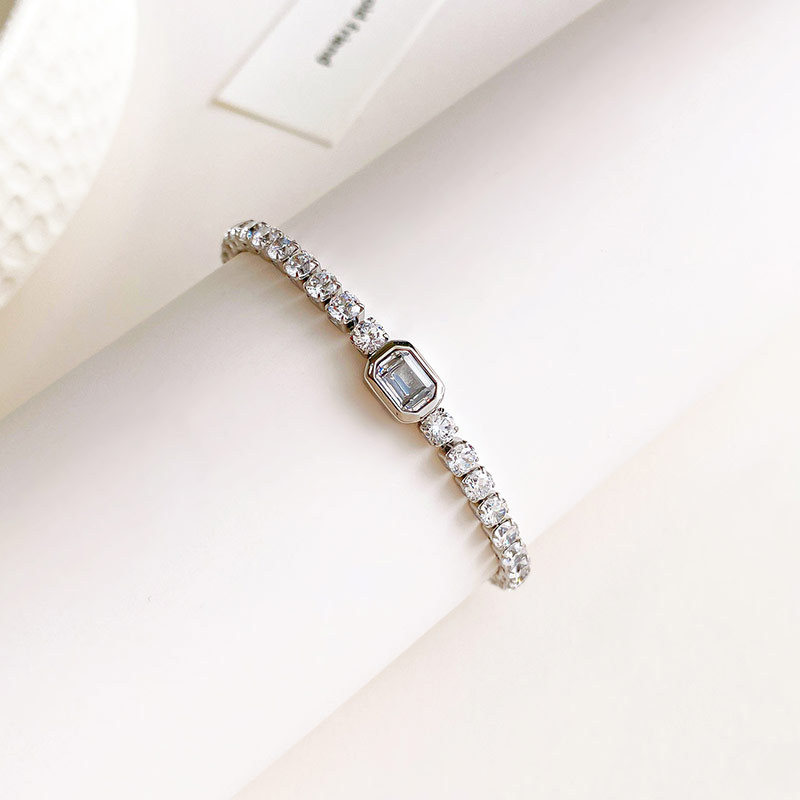 Colorful Center Stone Tennis Bracelet in PVD Stainless Steel with Pave CZ Links