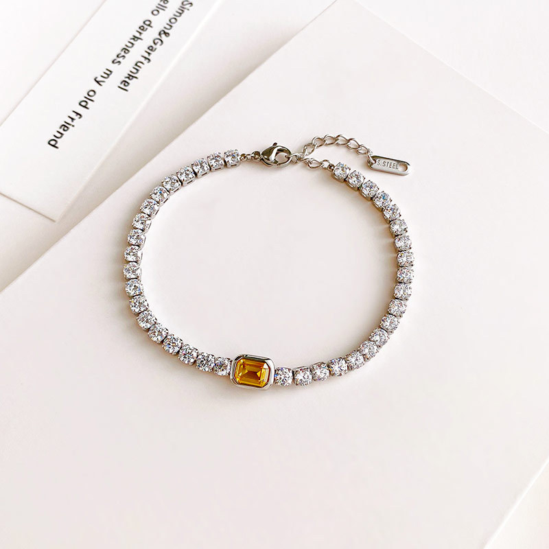 Colorful Center Stone Tennis Bracelet in PVD Stainless Steel with Pave CZ Links