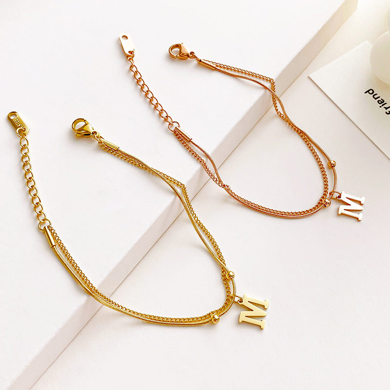 Double Chain Initial M Charm Bracelet in PVD Stainless Steel 14K Gold