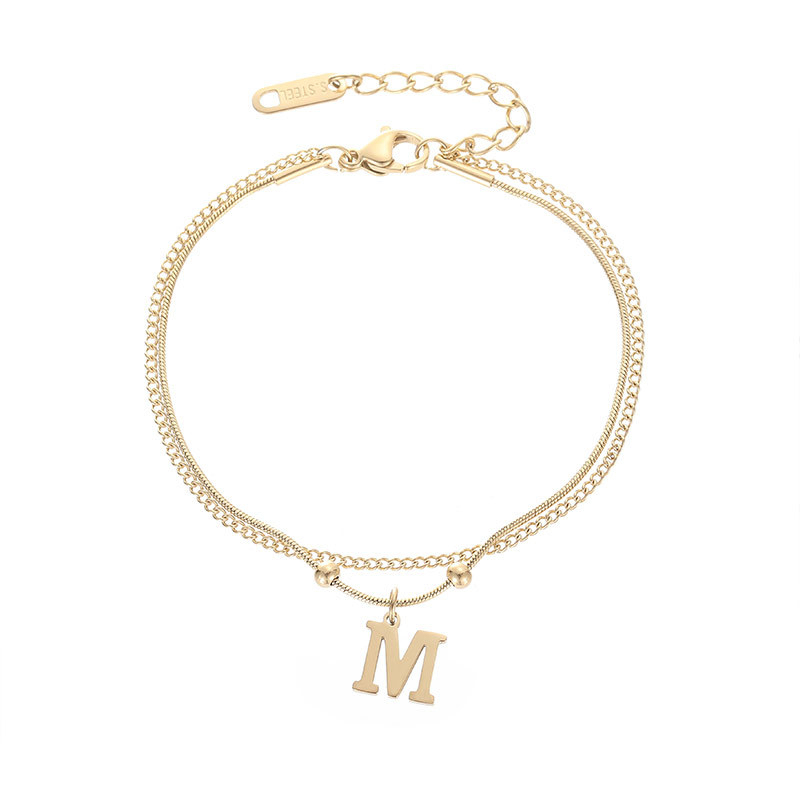 Double Chain Initial M Charm Bracelet in PVD Stainless Steel 14K Gold