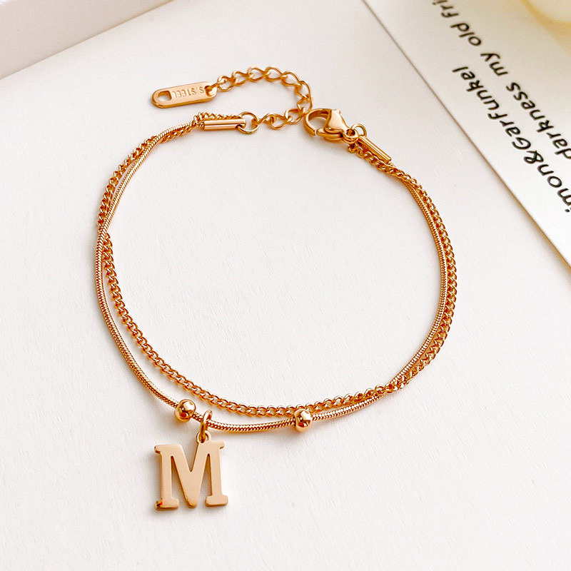 Double Chain Initial M Charm Bracelet in PVD Stainless Steel 14K Gold