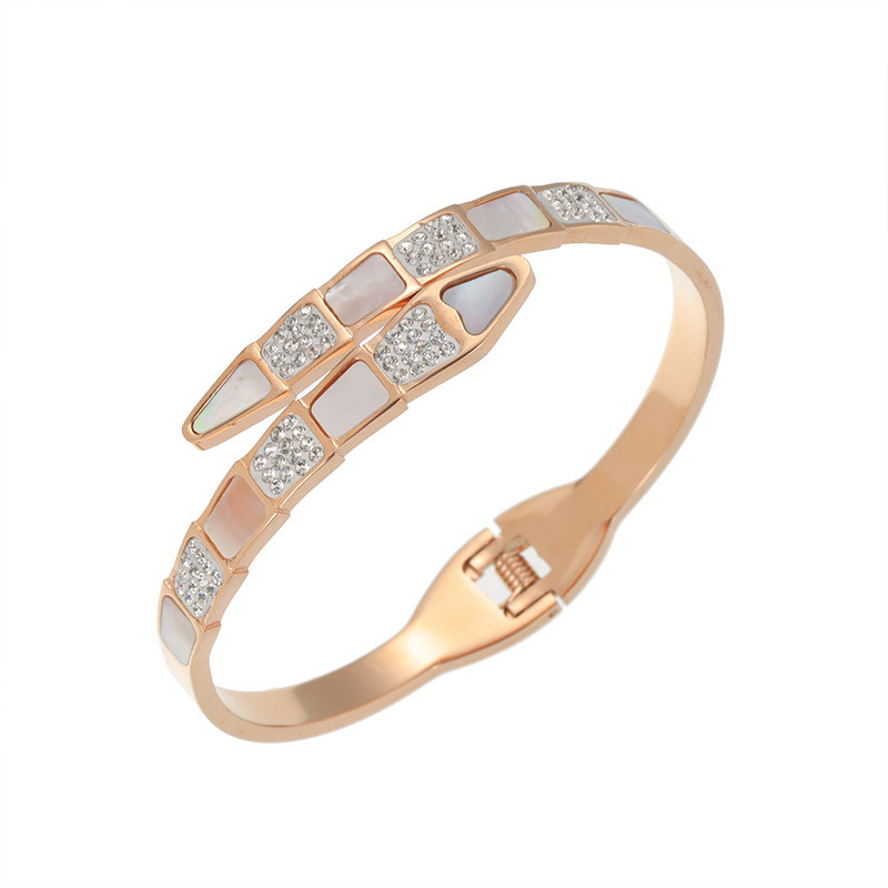 Bezel Block Hinged Bangle with Shell Pearl and Pave CZ in 14k Gold PVD Stainless Steel