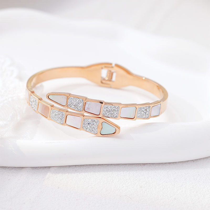 Bezel Block Hinged Bangle with Shell Pearl and Pave CZ in 14k Gold PVD Stainless Steel