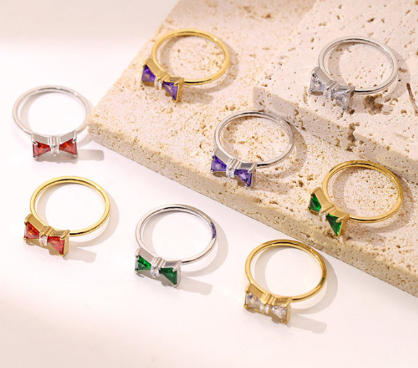 Dainty Bow Ring with Multicolor CZ Stones in PVD Stainless Steel 14K Gold