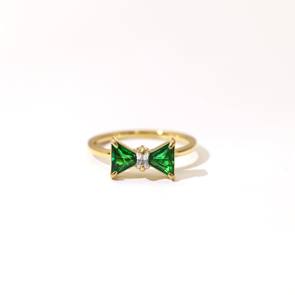 Dainty Bow Ring with Multicolor CZ Stones in PVD Stainless Steel 14K Gold