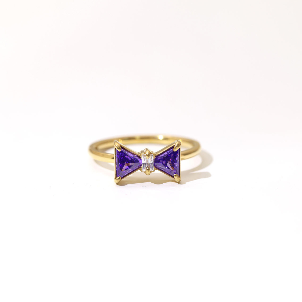 Dainty Bow Ring with Multicolor CZ Stones in PVD Stainless Steel 14K Gold