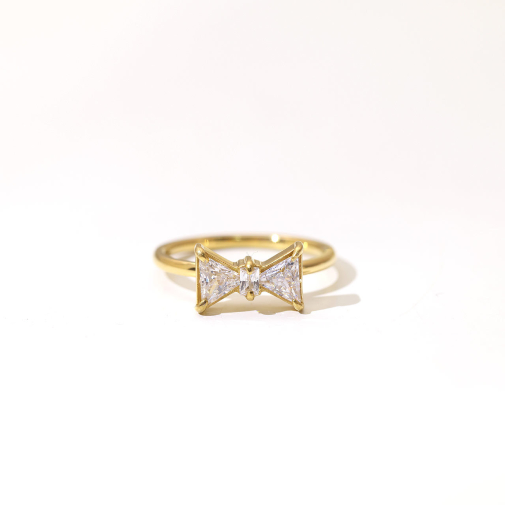 Dainty Bow Ring with Multicolor CZ Stones in PVD Stainless Steel 14K Gold