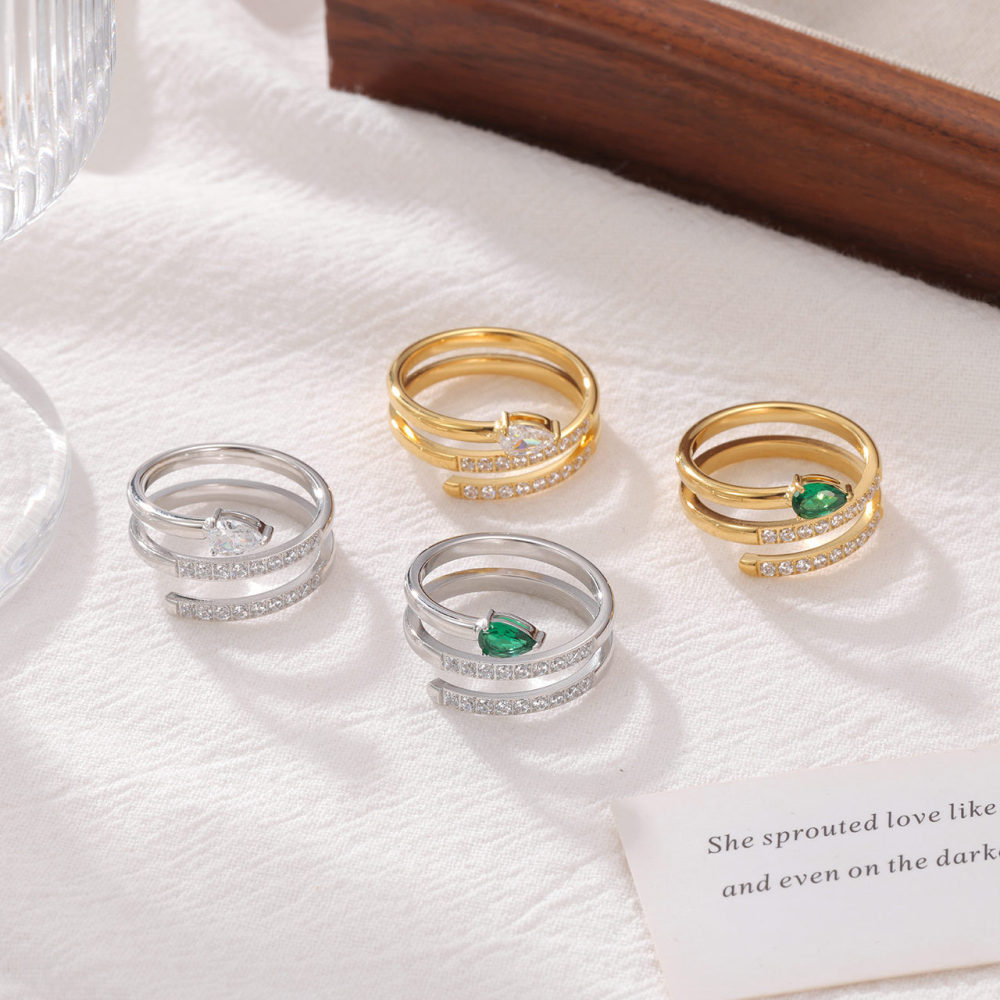 Serpentine Wrap Ring with Pear-Cut CZ and Pave Bands in PVD Stainless Steel 14K Gold