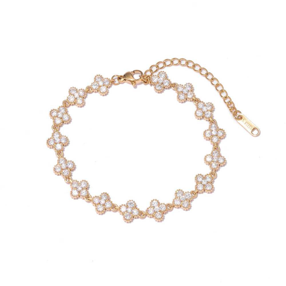 Pave CZ Four-Leaf Clover Bracelet in PVD Stainless Steel 14K Gold