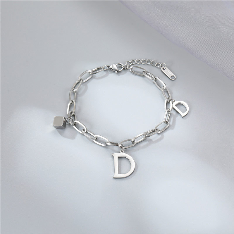 Personalized Letter D Charm Paperclip Chain Bracelet in PVD Stainless Steel Silver