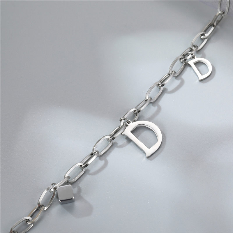Personalized Letter D Charm Paperclip Chain Bracelet in PVD Stainless Steel Silver
