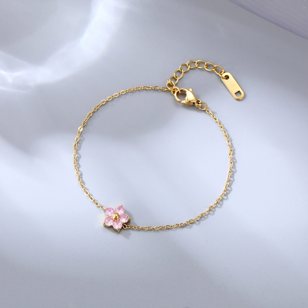 CZ Flower Charm Cable Chain Bracelet in PVD Stainless Steel 14K Gold