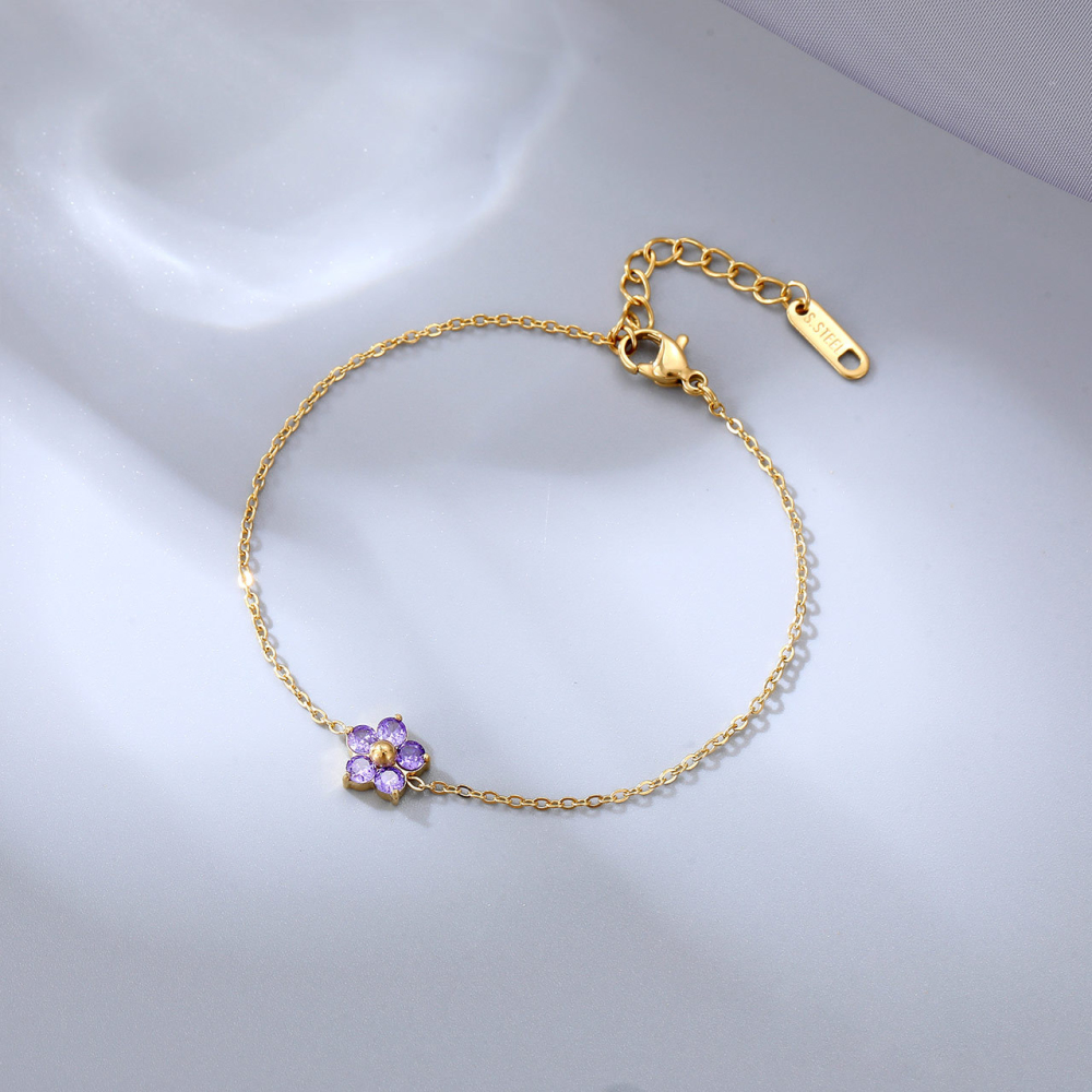 CZ Flower Charm Cable Chain Bracelet in PVD Stainless Steel 14K Gold