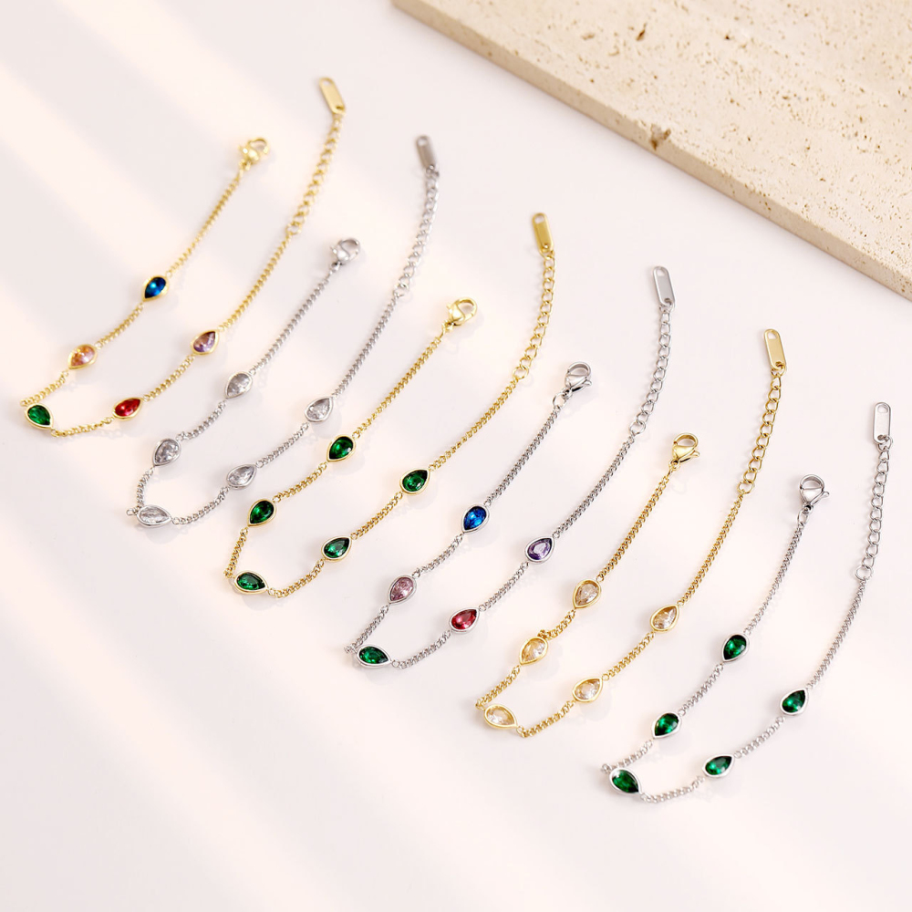 Multicolor Pear-Cut CZ Station Bracelet in PVD Stainless Steel 14K Gold