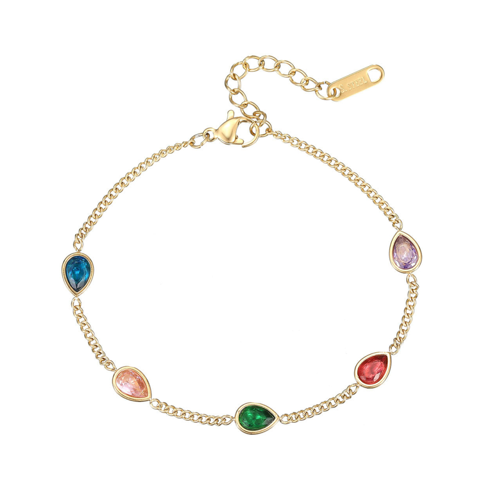 Multicolor Pear-Cut CZ Station Bracelet in PVD Stainless Steel 14K Gold