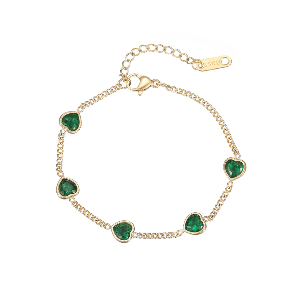 Multicolor Heart-Cut CZ Station Bracelet in PVD Stainless Steel 14K Gold