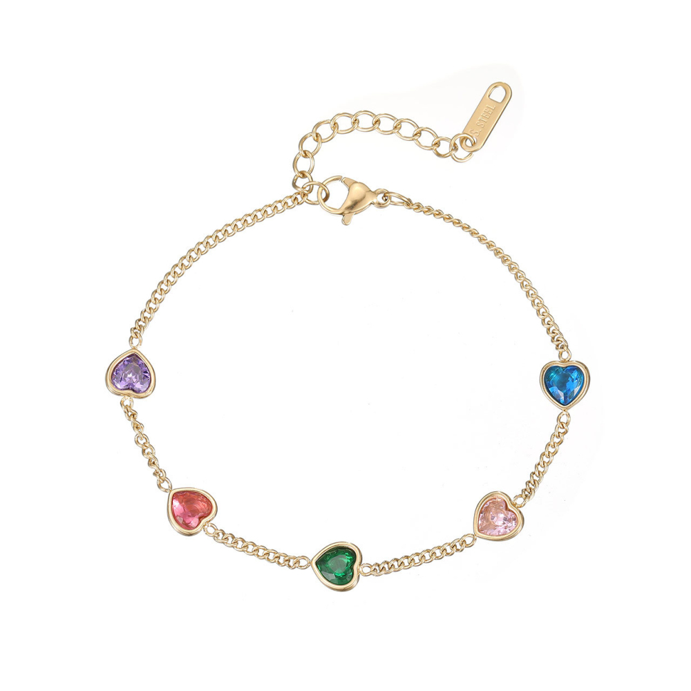 Multicolor Heart-Cut CZ Station Bracelet in PVD Stainless Steel 14K Gold