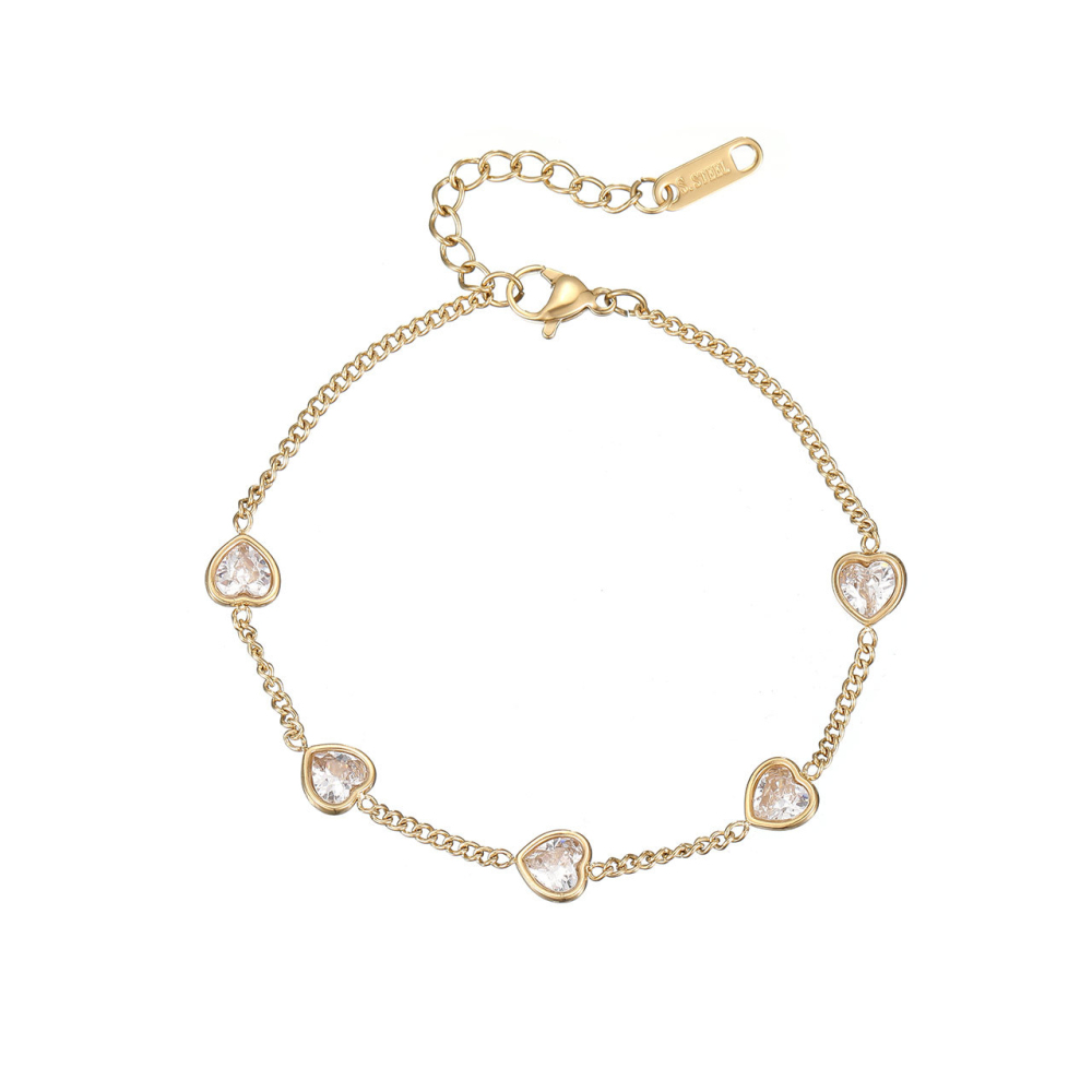Multicolor Heart-Cut CZ Station Bracelet in PVD Stainless Steel 14K Gold