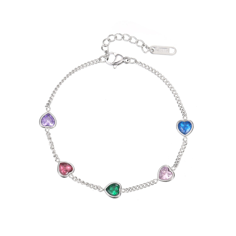 Multicolor Heart-Cut CZ Station Bracelet in PVD Stainless Steel 14K Gold