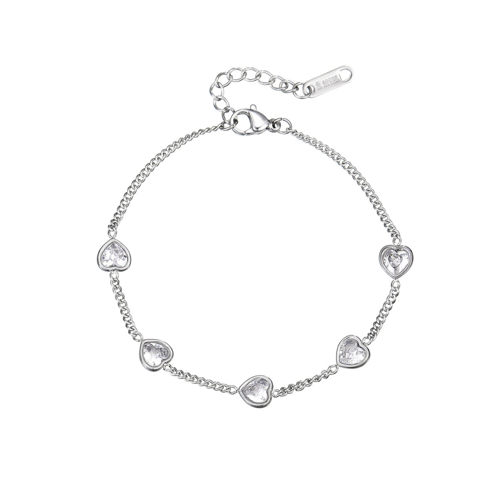 Multicolor Heart-Cut CZ Station Bracelet in PVD Stainless Steel 14K Gold