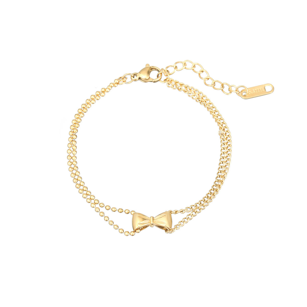 Double Chain Bow Charm Bracelet in PVD Stainless Steel 14K Gold