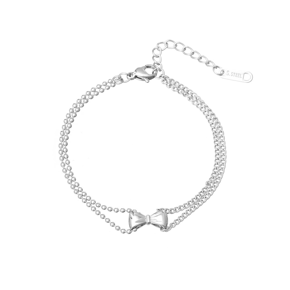 Double Chain Bow Charm Bracelet in PVD Stainless Steel 14K Gold