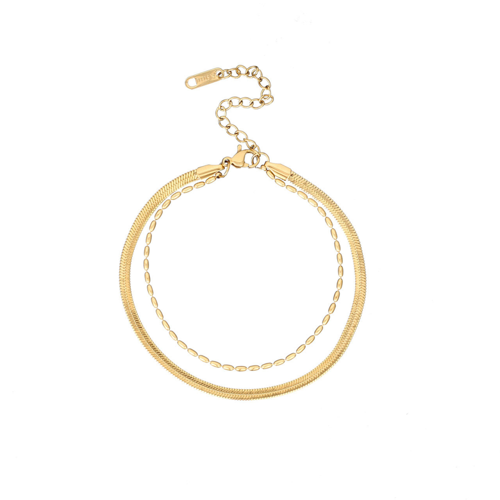 Double Layer Snake and Oval Link Bracelet in PVD Stainless Steel 14K Gold