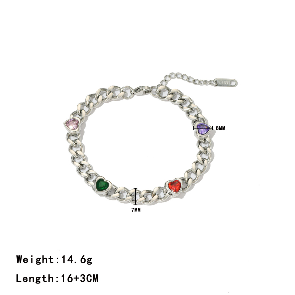 Colorful Heart CZ Cuban Link Bracelet in PVD Stainless Steel