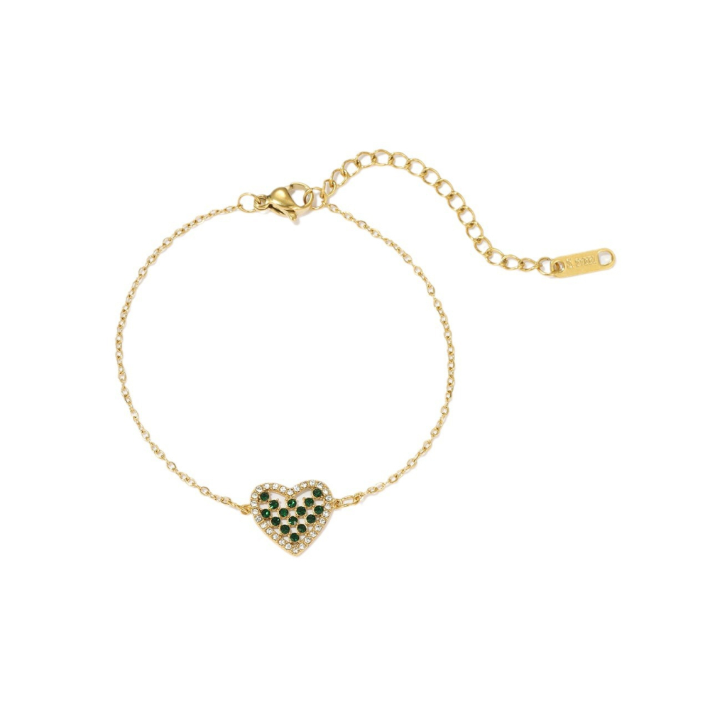 Pave CZ Heart Charm Bracelet in PVD Stainless Steel 14k Gold